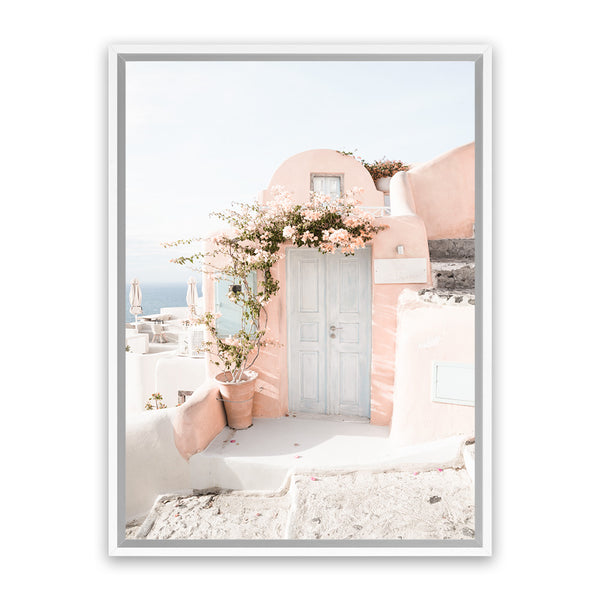 Shop Santorini Pink House III Photo Canvas Art Print-Coastal, Greece, Neutrals, Photography, Photography Canvas Prints, Pink, Portrait, View All-framed wall decor artwork