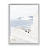 Shop Santorini Terrace II Photo Canvas Art Print-Blue, Coastal, Greece, Photography, Photography Canvas Prints, Portrait, View All, White-framed wall decor artwork