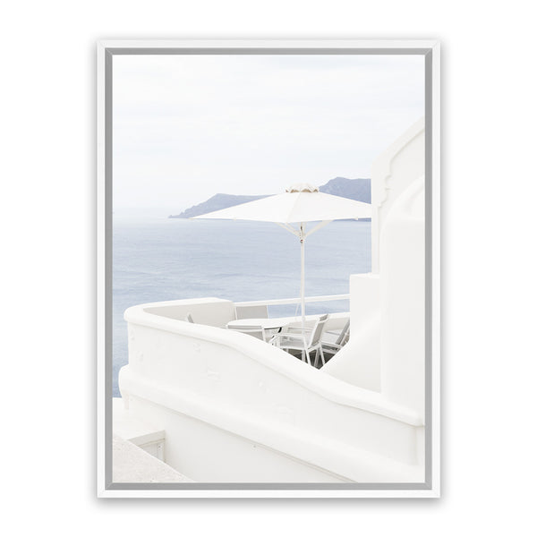 Shop Santorini Terrace II Photo Canvas Art Print-Blue, Coastal, Greece, Photography, Photography Canvas Prints, Portrait, View All, White-framed wall decor artwork