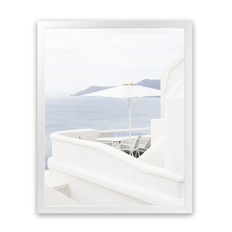 Shop Santorini Terrace II Photo Art Print-Blue, Coastal, Greece, Photography, Portrait, View All, White-framed poster wall decor artwork