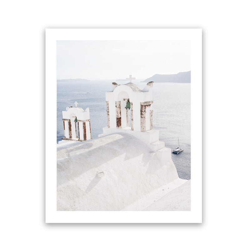 Shop Oia Bells I Photo Art Print-Blue, Coastal, Greece, Photography, Portrait, View All, White-framed poster wall decor artwork