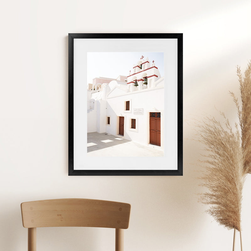 Shop Oia Little Church Photo Art Print-Brown, Greece, Photography, Portrait, View All, White-framed poster wall decor artwork