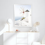 Shop Santorini Windmill Photo Art Print-Blue, Coastal, Greece, Photography, Portrait, View All, White-framed poster wall decor artwork