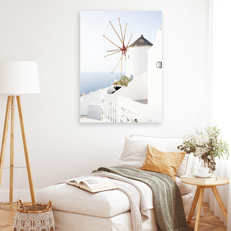 Shop Santorini Windmill Photo Canvas Art Print-Blue, Coastal, Photography, Photography Canvas Prints, Portrait, View All, White-framed wall decor artwork