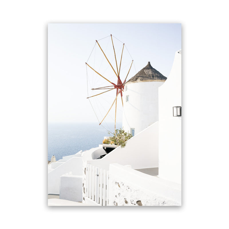 Shop Santorini Windmill Photo Canvas Art Print-Blue, Coastal, Photography, Photography Canvas Prints, Portrait, View All, White-framed wall decor artwork