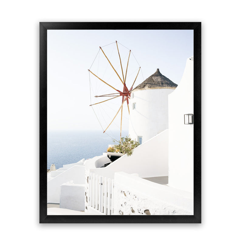 Shop Santorini Windmill Photo Art Print-Blue, Coastal, Greece, Photography, Portrait, View All, White-framed poster wall decor artwork