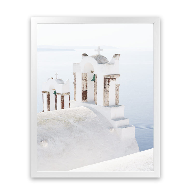 Shop Oia Bells II Photo Art Print-Blue, Coastal, Greece, Photography, Portrait, View All, White-framed poster wall decor artwork