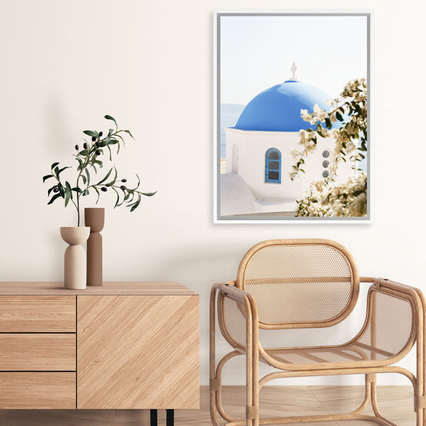 Shop Santorini Blossom Photo Canvas Art Print-Blue, Coastal, Florals, Greece, Green, Photography, Photography Canvas Prints, Portrait, View All, White-framed wall decor artwork