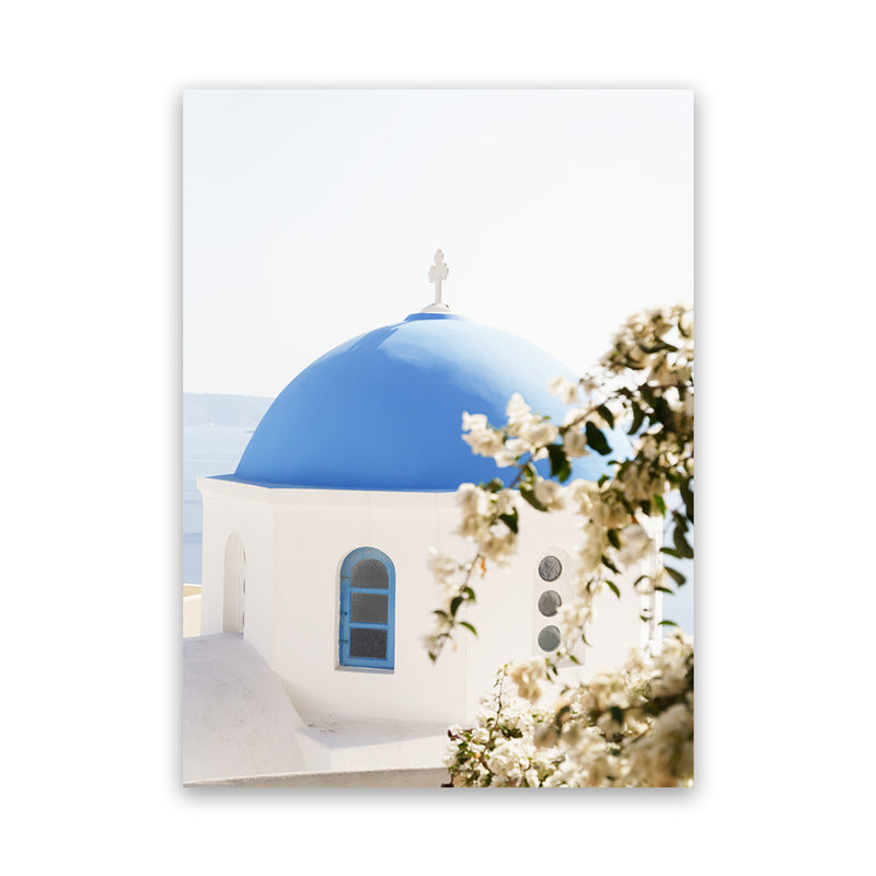 Shop Santorini Blossom Photo Canvas Art Print-Blue, Coastal, Florals, Greece, Green, Photography, Photography Canvas Prints, Portrait, View All, White-framed wall decor artwork