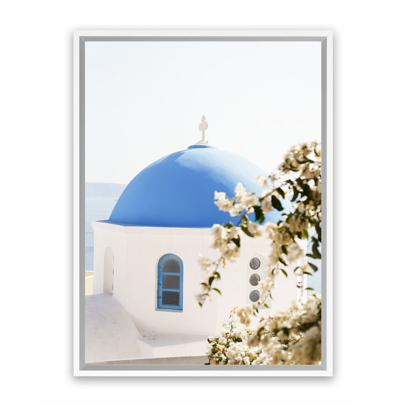 Shop Santorini Blossom Photo Canvas Art Print-Blue, Coastal, Florals, Greece, Green, Photography, Photography Canvas Prints, Portrait, View All, White-framed wall decor artwork