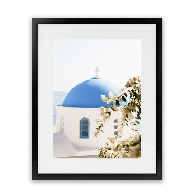 Shop Santorini Blossom Photo Art Print-Blue, Coastal, Florals, Greece, Green, Photography, Portrait, View All, White-framed poster wall decor artwork