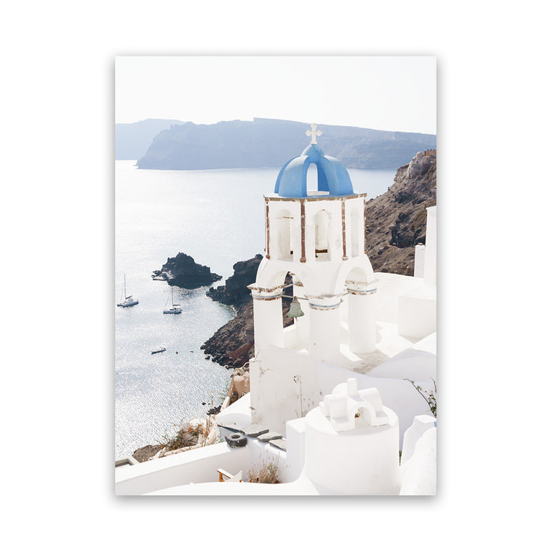 Shop Blue Dome Church Photo Canvas Art Print-Blue, Coastal, Greece, Photography, Photography Canvas Prints, Portrait, View All, White-framed wall decor artwork