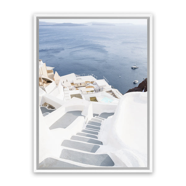 Shop Ocean Stairway Photo Canvas Art Print-Blue, Coastal, Greece, Photography, Photography Canvas Prints, Portrait, View All, White-framed wall decor artwork