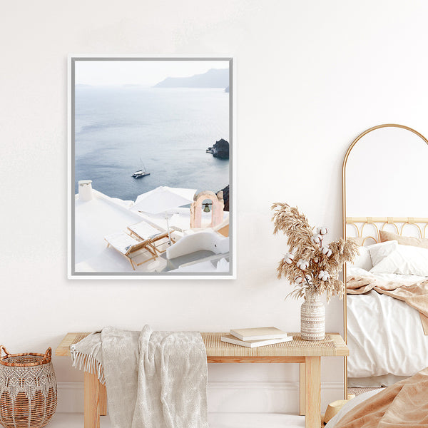 Shop Balcony With A View Photo Canvas Art Print-Blue, Coastal, Greece, Photography, Photography Canvas Prints, Portrait, View All, White-framed wall decor artwork
