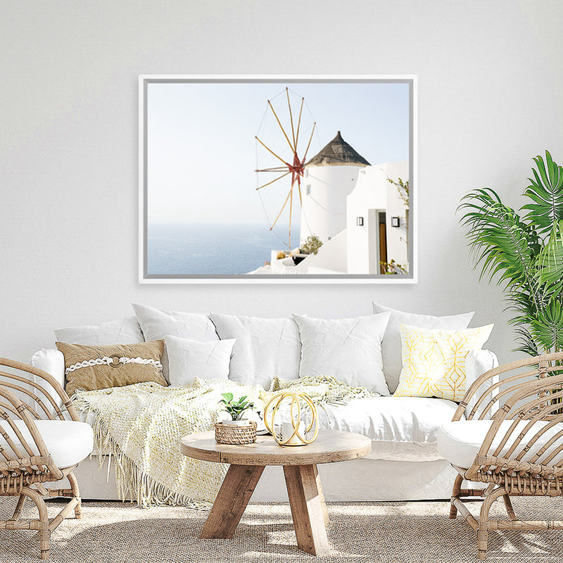Shop Santorini Windmill II Photo Canvas Art Print-Blue, Coastal, Greece, Landscape, Photography, Photography Canvas Prints, View All, White-framed wall decor artwork