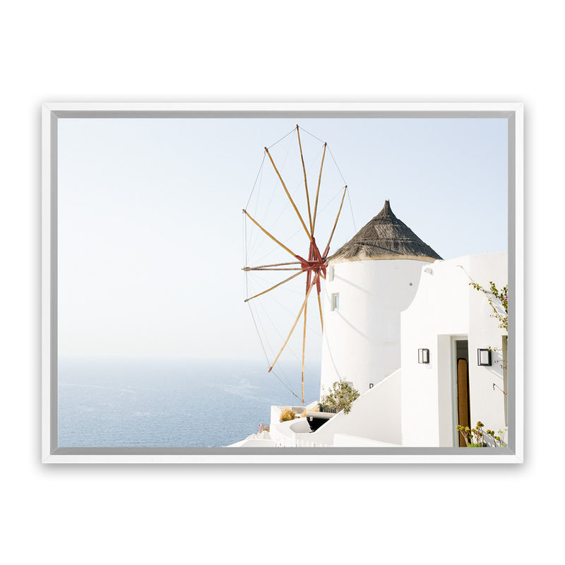 Shop Santorini Windmill II Photo Canvas Art Print-Blue, Coastal, Greece, Landscape, Photography, Photography Canvas Prints, View All, White-framed wall decor artwork