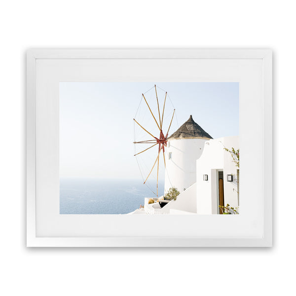 Shop Santorini Windmill II Photo Art Print-Blue, Coastal, Greece, Landscape, Photography, View All, White-framed poster wall decor artwork