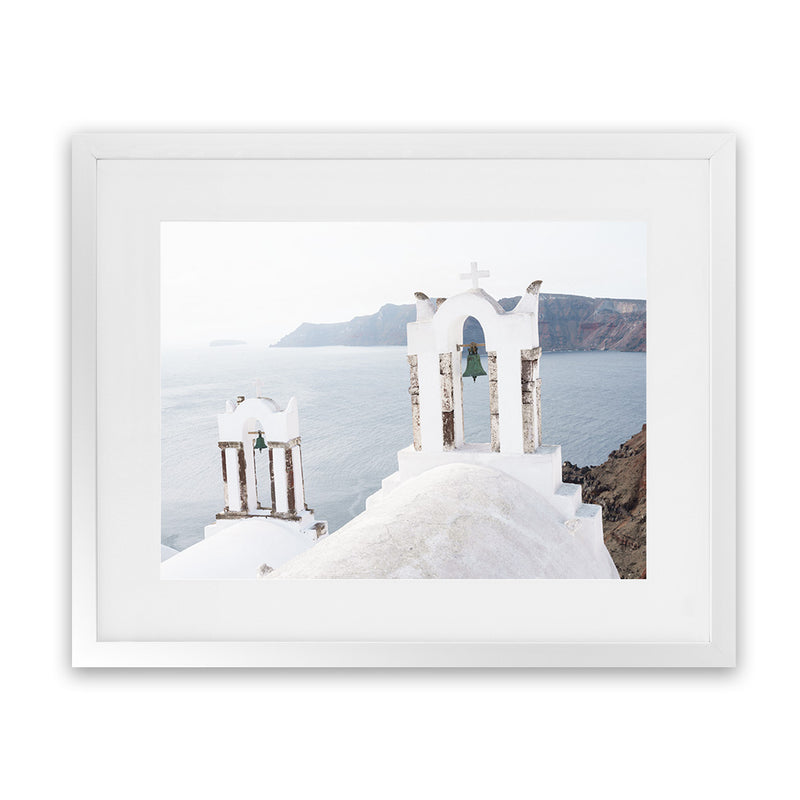 Shop Two White Churches II Photo Art Print-Blue, Coastal, Greece, Landscape, Photography, View All, White-framed poster wall decor artwork