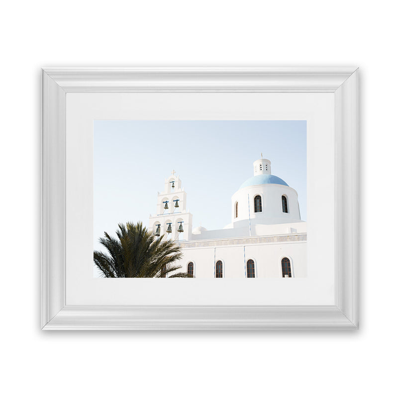 Shop Santorini Church Bells Photo Art Print-Blue, Coastal, Greece, Landscape, Photography, View All, White-framed poster wall decor artwork