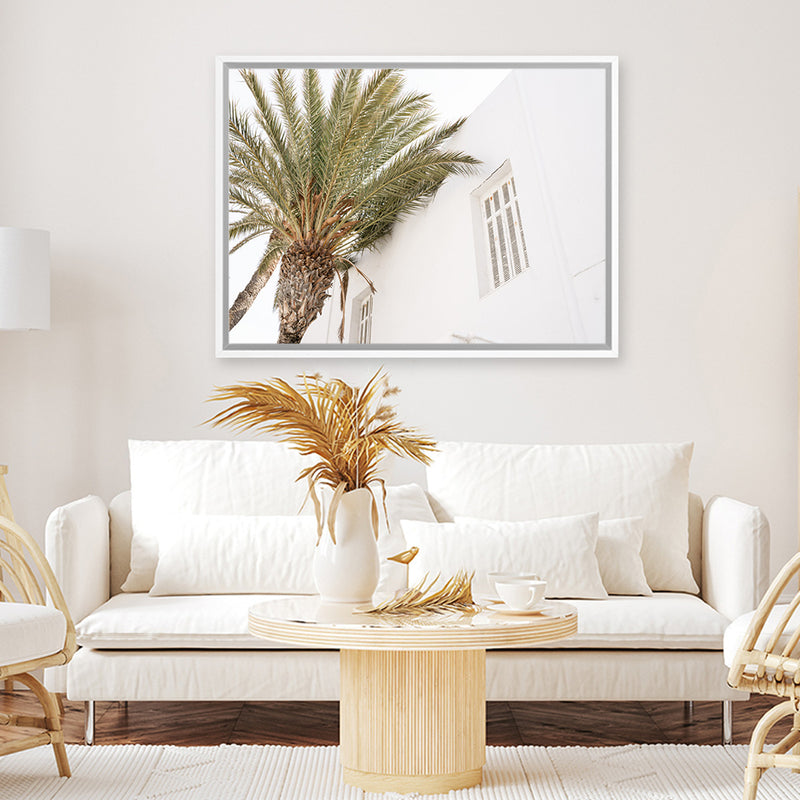 Shop Mykonos Palm Villa I Photo Canvas Art Print-Coastal, Greece, Green, Landscape, Moroccan Days, Neutrals, Photography, Photography Canvas Prints, Tropical, View All, White-framed wall decor artwork