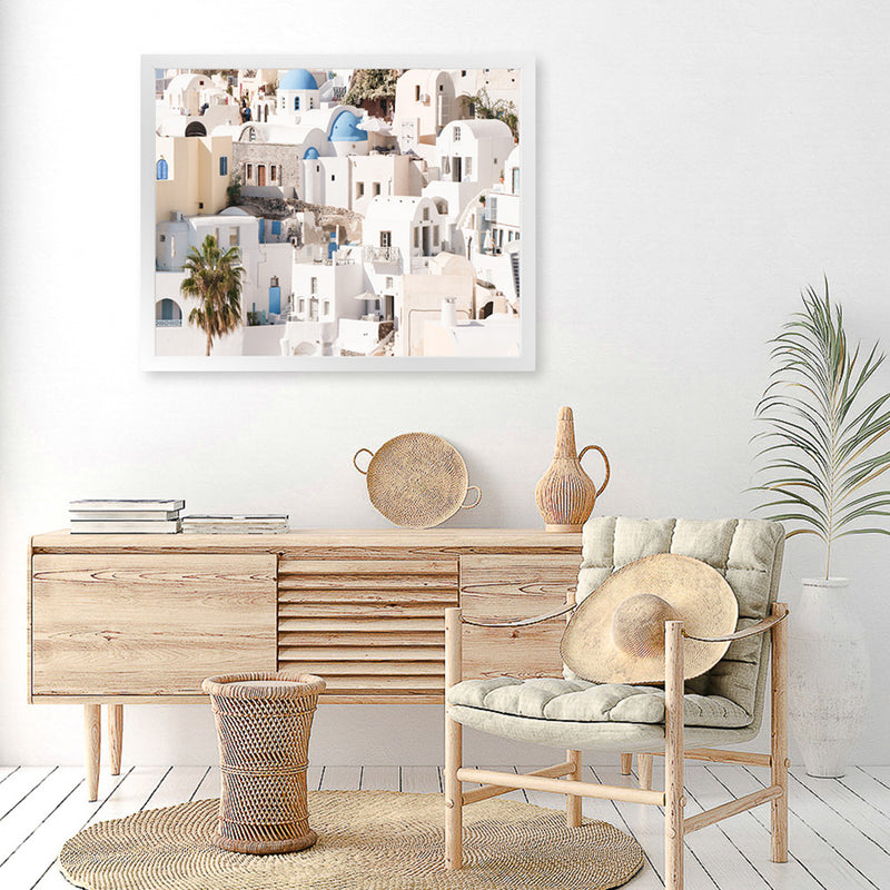 Shop Santorini Architecture Photo Art Print-Landscape, Neutrals, Photography, View All, White-framed poster wall decor artwork