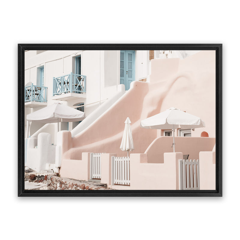 Shop Oia Rose Pink Villa I Photo Canvas Art Print-Greece, Landscape, Neutrals, Photography, Photography Canvas Prints, Pink, View All-framed wall decor artwork