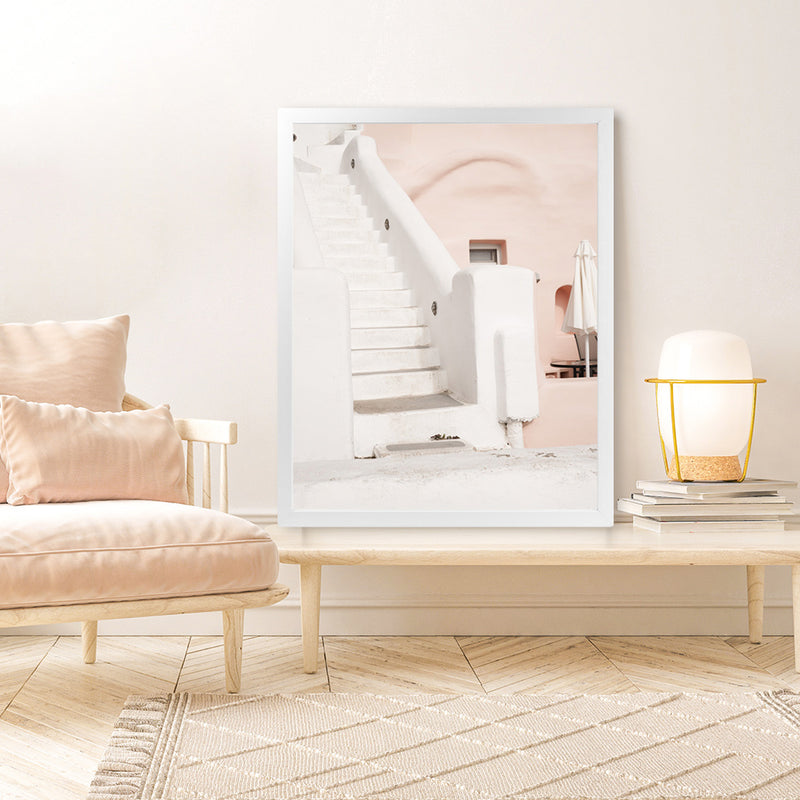 Shop Oia Pink Villa III Photo Art Print-Greece, Photography, Pink, Portrait, View All-framed poster wall decor artwork