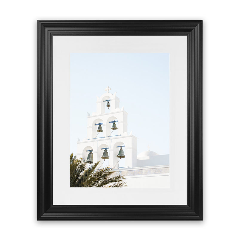 Shop Santorini Church Bells II Photo Art Print-Greece, Green, Photography, Portrait, View All, White-framed poster wall decor artwork