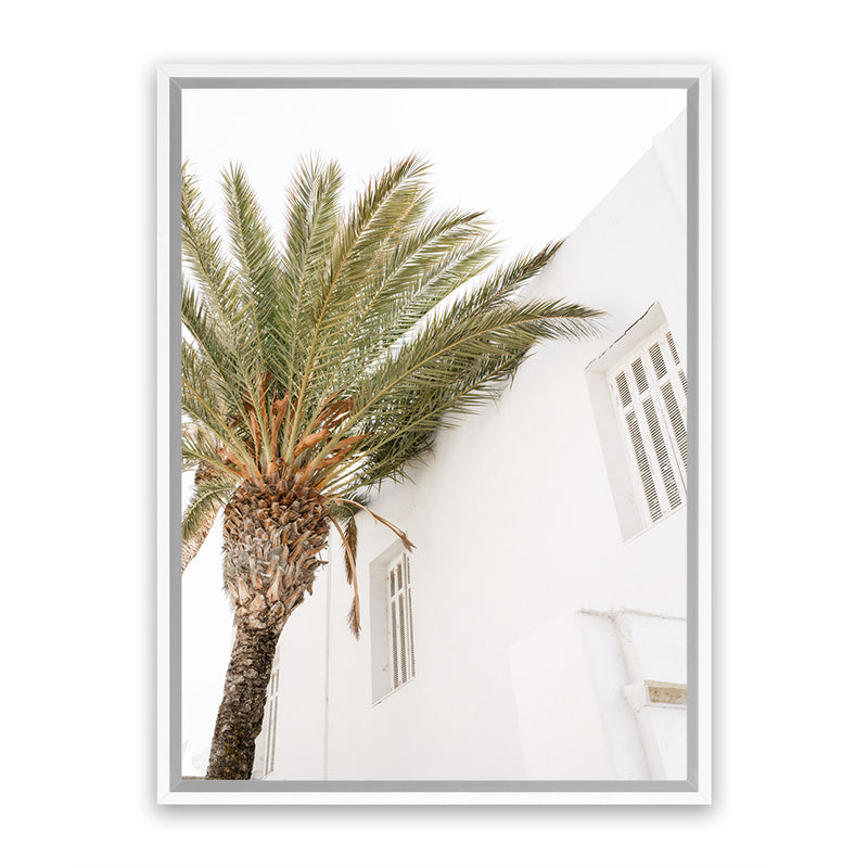 Shop Mykonos Palm Villa II Photo Canvas Art Print-Coastal, Greece, Green, Photography, Photography Canvas Prints, Portrait, View All, White-framed wall decor artwork