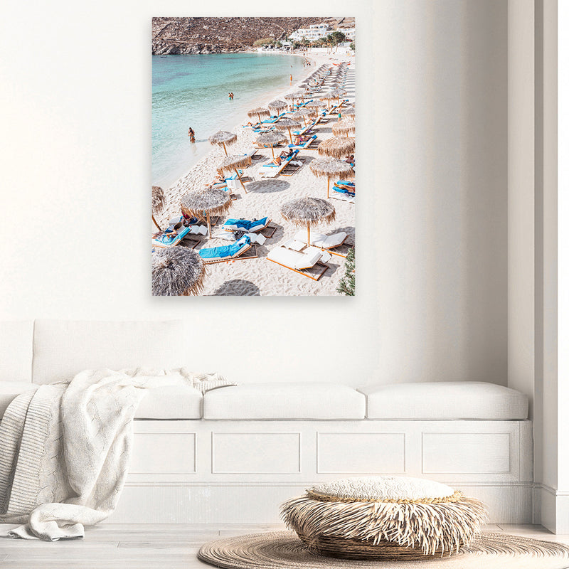 Shop Mykonos Beach III Photo Canvas Art Print-Brown, Coastal, Greece, Photography, Photography Canvas Prints, Portrait, Rectangle, View All-framed wall decor artwork