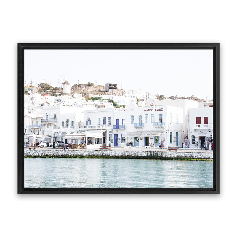 Shop Mykonos Town II Photo Canvas Art Print-Blue, Coastal, Greece, Horizontal, Landscape, Photography, Photography Canvas Prints, Rectangle, View All, White-framed wall decor artwork