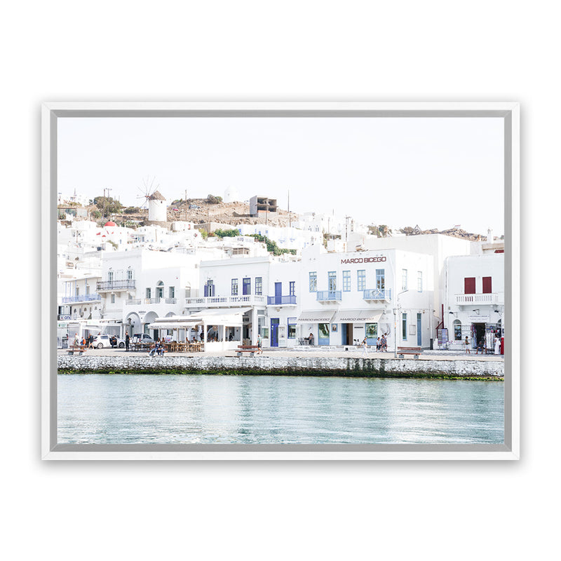Shop Mykonos Town II Photo Canvas Art Print-Blue, Coastal, Greece, Horizontal, Landscape, Photography, Photography Canvas Prints, Rectangle, View All, White-framed wall decor artwork