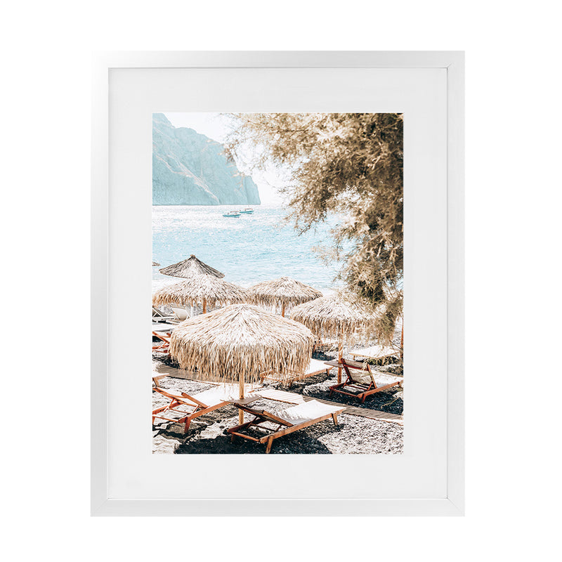 Shop Santorini Beach Parasols Photo Art Print-Boho, Brown, Coastal, Neutrals, Photography, Portrait, Rectangle, Tropical, View All-framed poster wall decor artwork