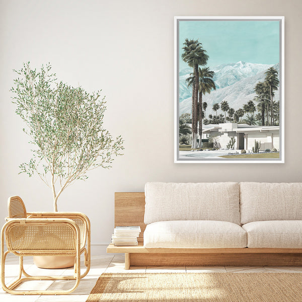 Shop Palm Springs Canvas Art Print-Blue, Boho, Botanicals, Coastal, Green, Portrait, Tropical, View All-framed wall decor artwork