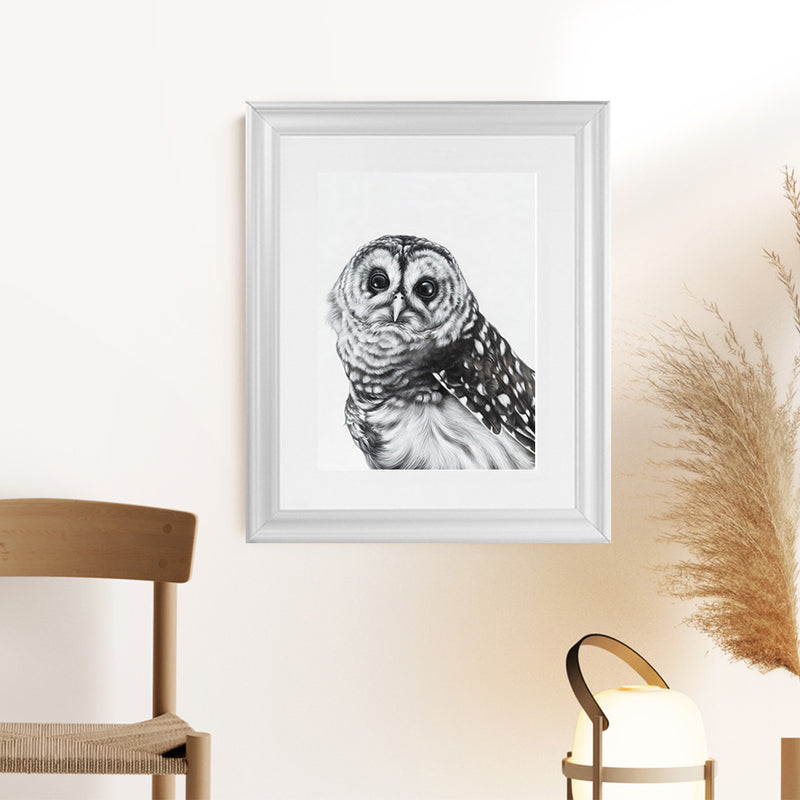 Shop Snow Owl Art Print-Animals, Birds, Black, Grey, Portrait, Rectangle, View All-framed painted poster wall decor artwork