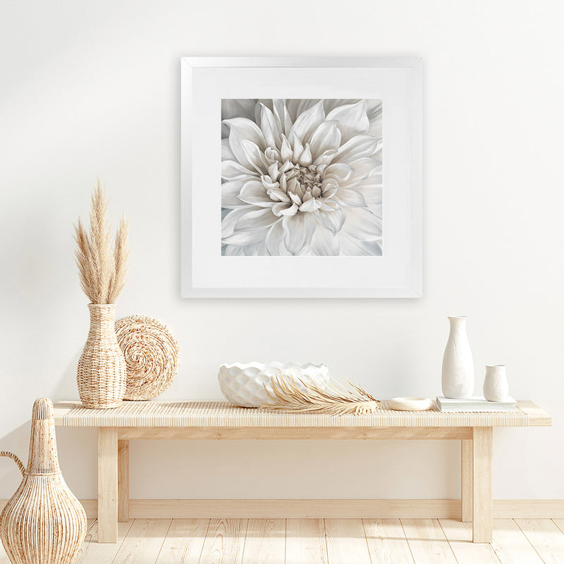 Shop White Dahlia (Square) Art Print-Botanicals, Florals, Square, View All, White-framed painted poster wall decor artwork