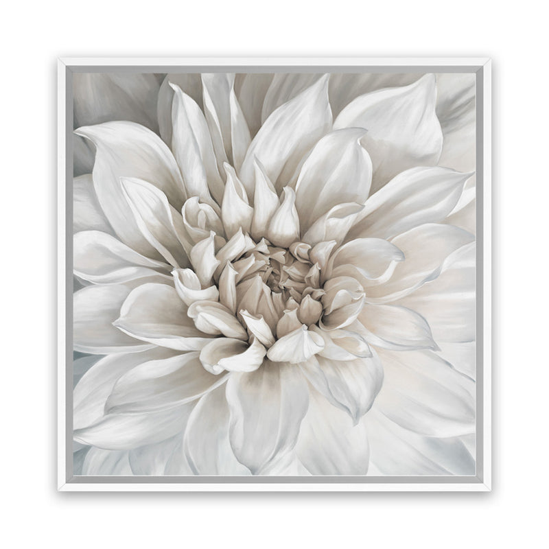 Shop White Dahlia (Square) Canvas Art Print-Botanicals, Florals, Square, View All, White-framed wall decor artwork