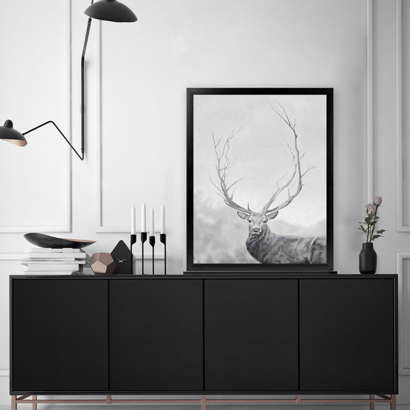 Shop Winter Elk Art Print-Animals, Black, Grey, Hamptons, Nature, Portrait, Rectangle, View All-framed painted poster wall decor artwork