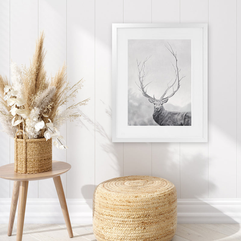 Shop Winter Elk Art Print-Animals, Black, Grey, Hamptons, Nature, Portrait, Rectangle, View All-framed painted poster wall decor artwork