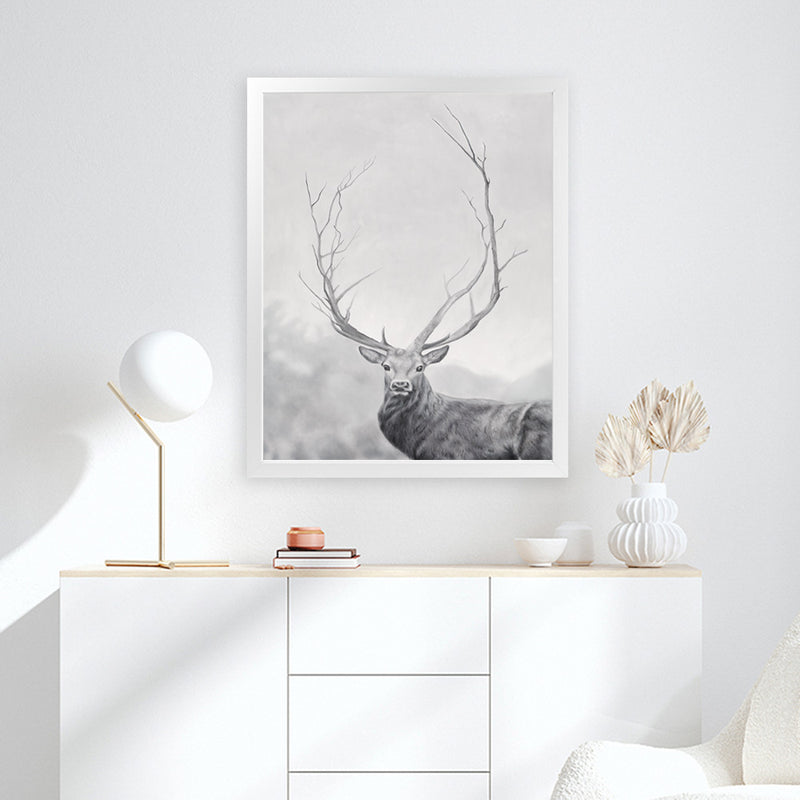 Shop Winter Elk Art Print-Animals, Black, Grey, Hamptons, Nature, Portrait, Rectangle, View All-framed painted poster wall decor artwork