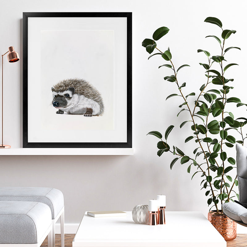 Shop Baby Hedgehog Art Print-Animals, Baby Nursery, Brown, Neutrals, Portrait, Rectangle, View All-framed painted poster wall decor artwork