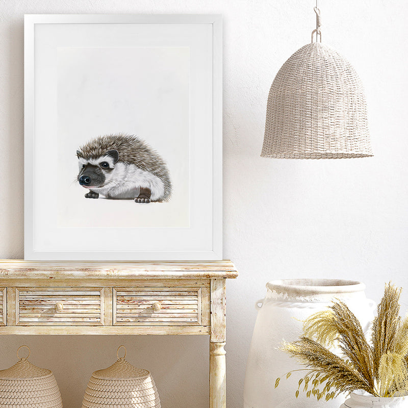 Shop Baby Hedgehog Art Print-Animals, Baby Nursery, Brown, Neutrals, Portrait, Rectangle, View All-framed painted poster wall decor artwork