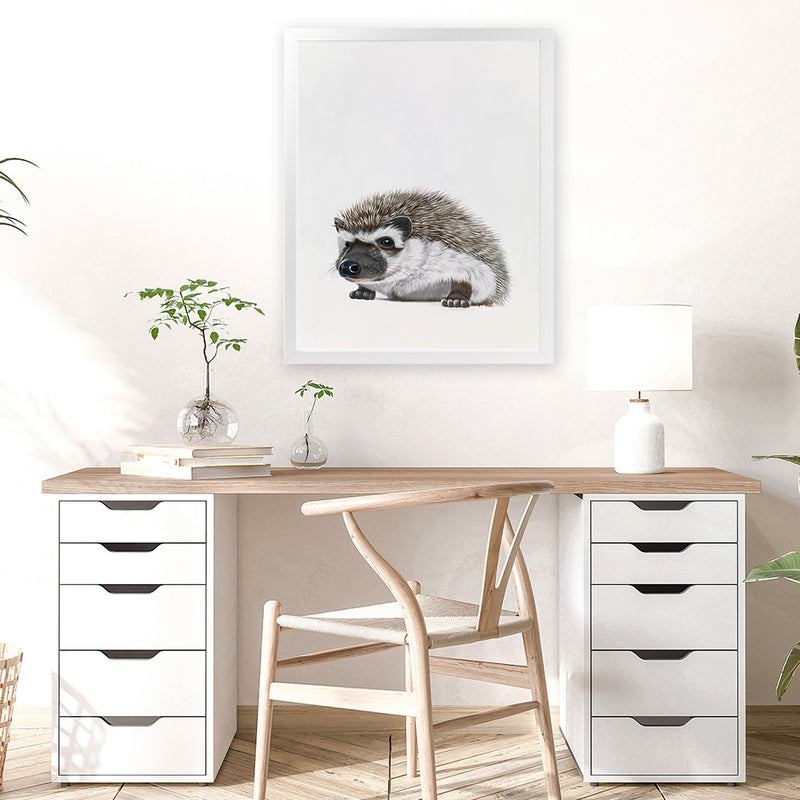 Shop Baby Hedgehog Art Print-Animals, Baby Nursery, Brown, Neutrals, Portrait, Rectangle, View All-framed painted poster wall decor artwork