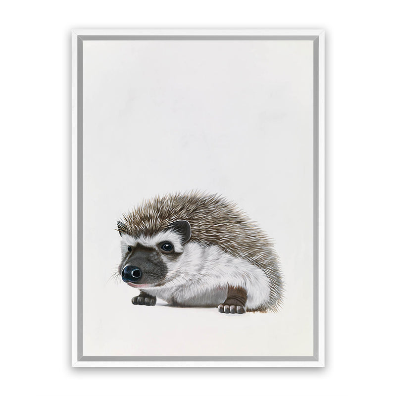 Shop Baby Hedgehog Canvas Art Print-Animals, Baby Nursery, Brown, Neutrals, Portrait, Rectangle, View All-framed wall decor artwork