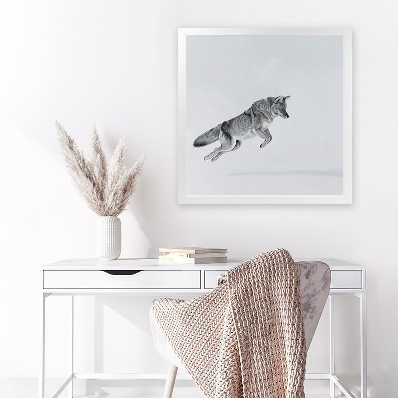 Shop Snow Fox (Square) Art Print-Animals, Baby Nursery, Grey, Neutrals, Scandinavian, Square, View All-framed painted poster wall decor artwork