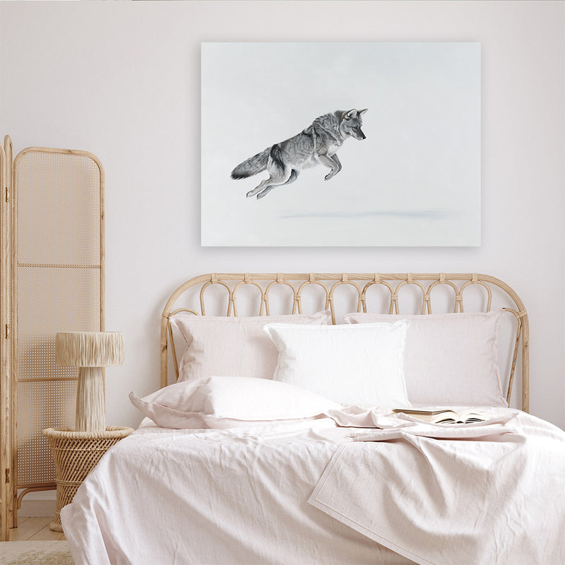 Shop Snow Fox Canvas Art Print-Animals, Grey, Horizontal, Landscape, Neutrals, Rectangle, Scandinavian, View All-framed wall decor artwork