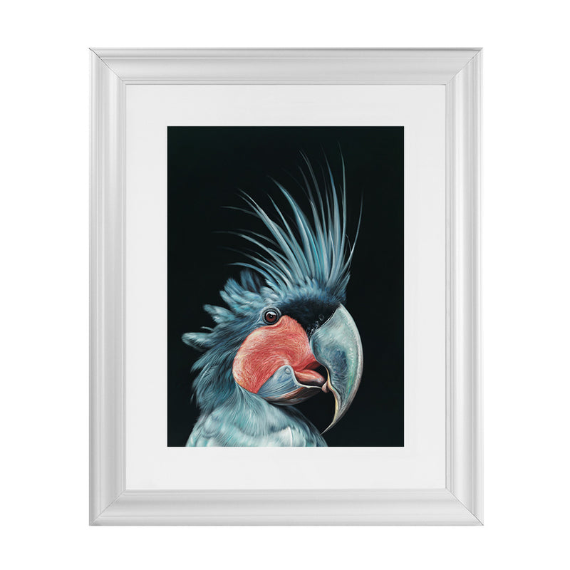 Shop Frankie The Palm Cockatoo Art Print-Animals, Baby Nursery, Birds, Black, Blue, Portrait, Rectangle, View All-framed painted poster wall decor artwork
