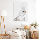 Shop Pia The White Cockatiel Canvas Art Print-Animals, Baby Nursery, Birds, Portrait, Rectangle, Scandinavian, View All, White-framed wall decor artwork