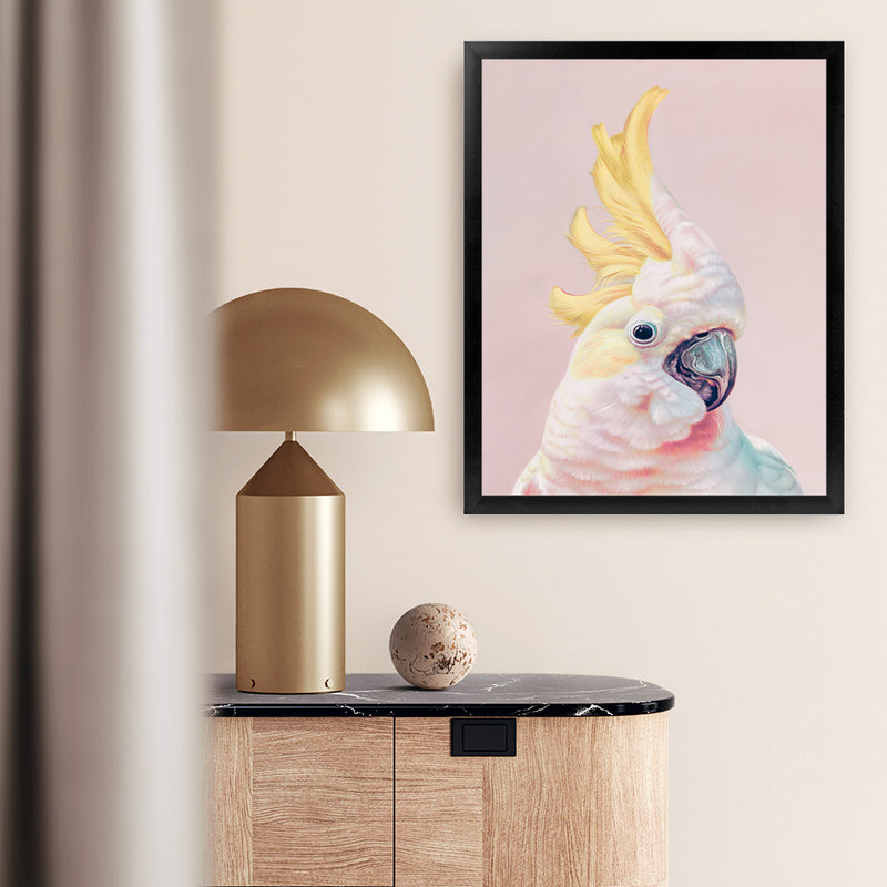 Shop Charlie The Cockatoo (Pink) Art Print-Animals, Baby Nursery, Birds, Pink, Portrait, Tropical, View All, Yellow-framed painted poster wall decor artwork