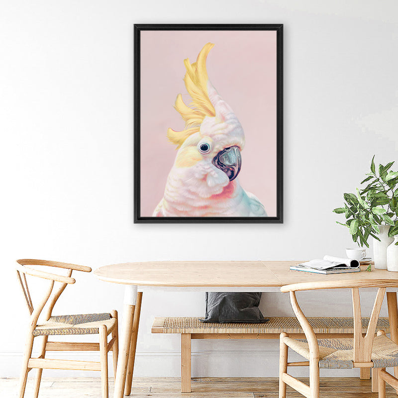 Shop Charlie The Cockatoo (Pink) Canvas Art Print-Animals, Baby Nursery, Birds, Pink, Portrait, Tropical, View All, Yellow-framed wall decor artwork